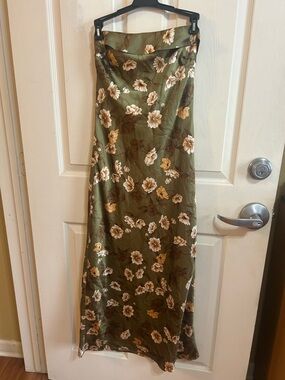 Olive Green Floral Satin Formal Dress